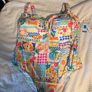 Time and Tru Floral Patchwork One Piece Swimsuit